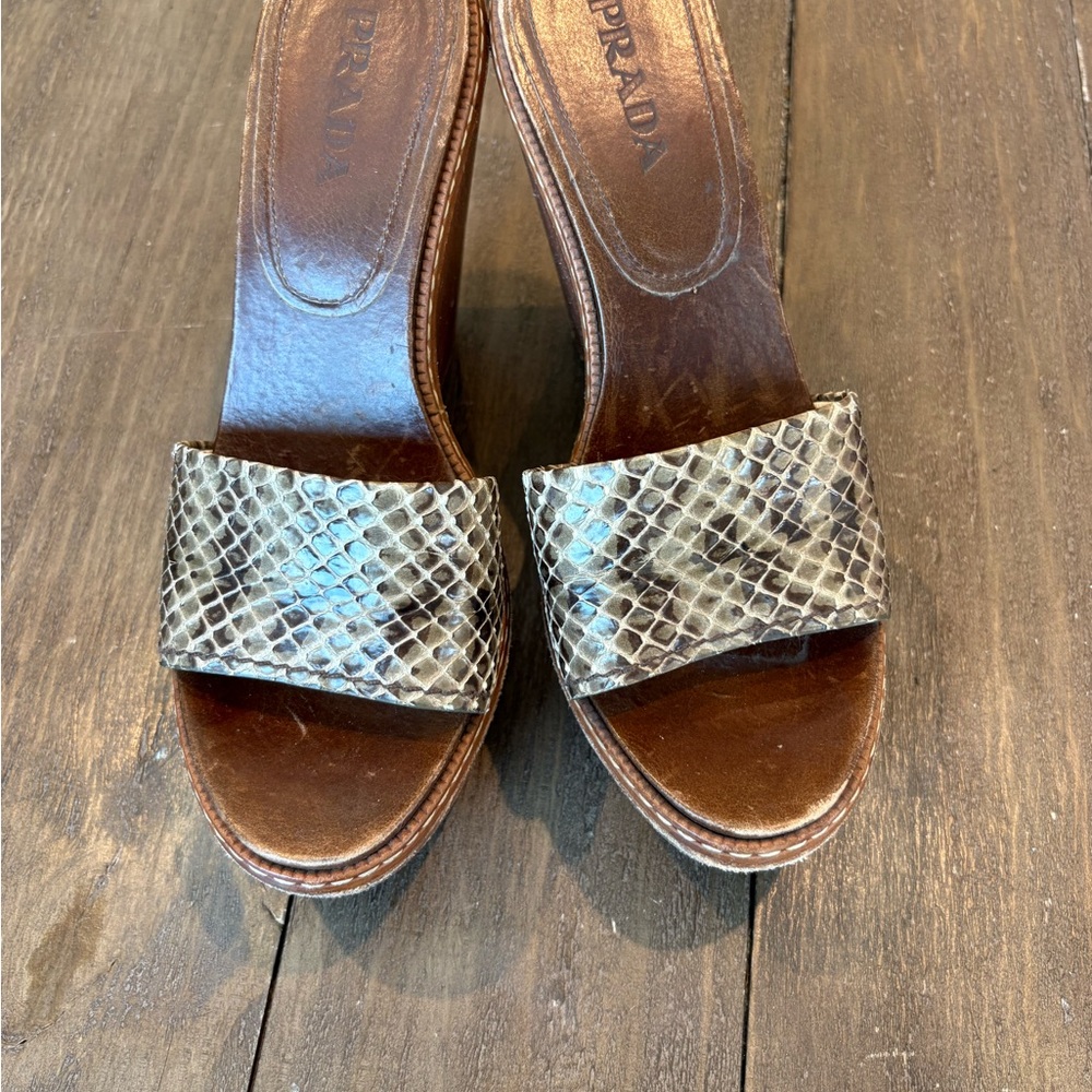 Prada Brown Mules with Snakeskin Pattern